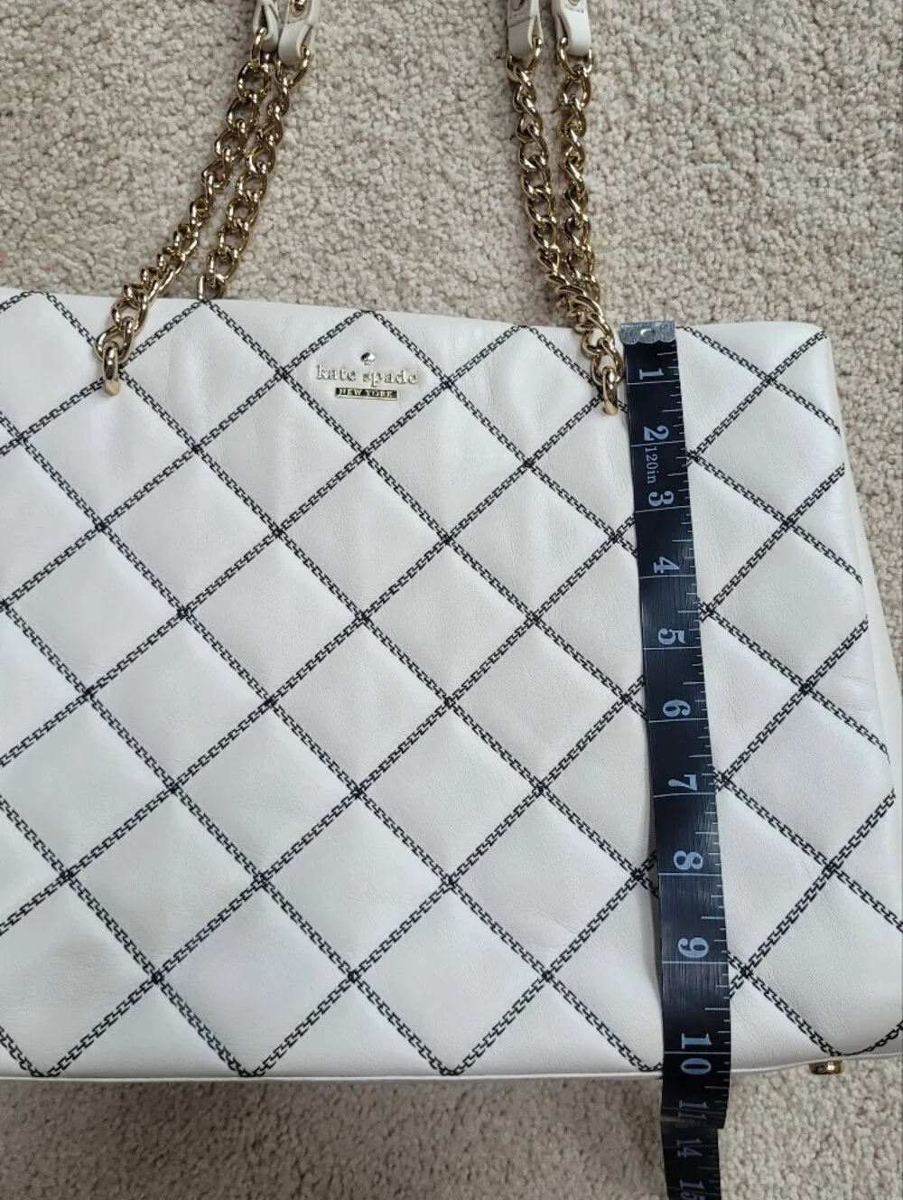 EUC kate spade White Quilted Tote with Black Stitching and Gold Chain Handles